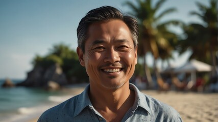 middle aged asian man on bright summer beach vacation background smiling happy looking at camera with copy space for banner backdrop from Generative AI
