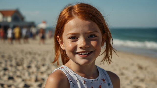 kid child red head girl on bright summer beach vacation background smiling happy looking at camera with copy space for banner backdrop from Generative AI