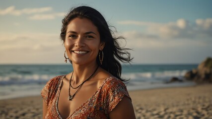 middle aged indigenous woman on bright summer beach vacation background smiling happy looking at camera with copy space for banner backdrop from Generative AI