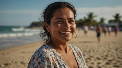 middle aged indigenous woman on bright summer beach vacation background smiling happy looking at camera with copy space for banner backdrop from Generative AI