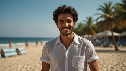 young middle eastern man on bright summer beach vacation background smiling happy looking at camera with copy space for banner backdrop from Generative AI