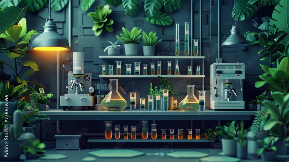 Wall mural science laboratory, including cutting-edge equipment and lush greenery, with a bold color palette