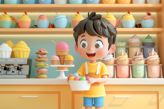 3D models of coffee shops and ice cream shops with cute cartoon characters.	
