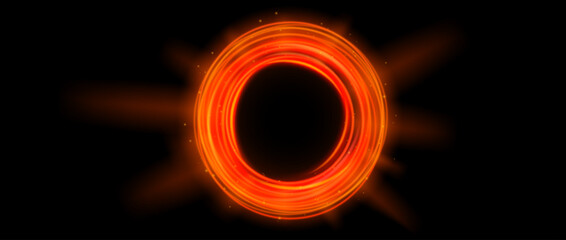 Red orange glowing portal concept. Neon hologram teleport gate on black background. Fiery circle swirl aura with beams and sparks. Round hot flare template for game, ui, interface. Vector illustration