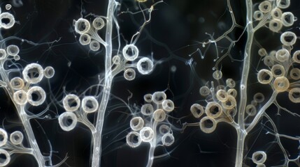 Naklejka premium A series of sequential images capturing the process of conidial germination from a resting state to the formation of branching filaments