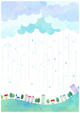 梅雨、背景、水彩、街並み、かわいい、イラスト、縦型