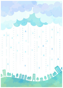 梅雨、背景、シルエット、水彩、街並み、かわいい、イラスト、縦型、青、寒色