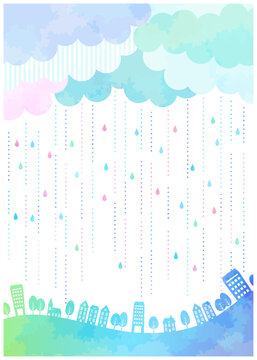 梅雨、背景、シルエット、水彩、街並み、かわいい、イラスト、縦型、虹色