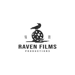 film roll vintage logo design with raven vector illustration