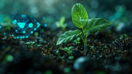 A digital representation of a futuristic plant sprout growing from the soil, adorned with a fresh green leaf