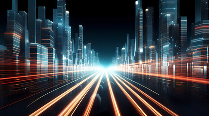 3D rendering of abstract highway path through city digital binary towers