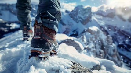 close-up on the boots of a mountain climber on a snow covered mountain peak