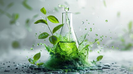 A laboratory flask containing vibrant green liquid and embellished with plant leaves