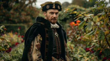 A man poses in a lush garden wearing a doublet with slashed sleeves and a velvet cap trimmed with gold tassels. His furlined cloak and striking brooch speak to the extravagance and .
