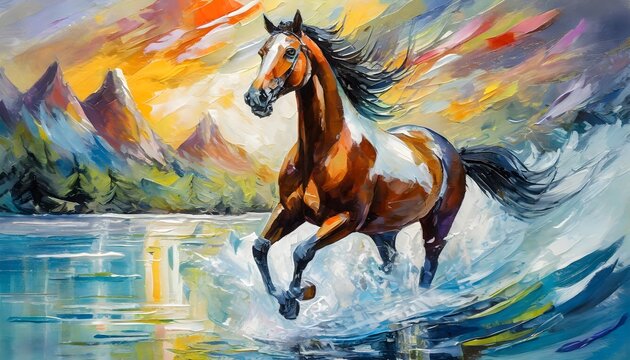 Abstract oil painting, running horse on water, color splash fro the water, mural, art wall.
