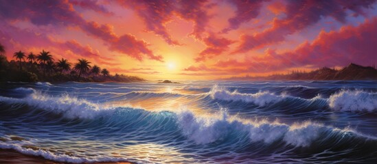 Scenic artwork depicting a colorful sunset above the tranquil ocean surface, with beautiful waves gently rolling towards the shore