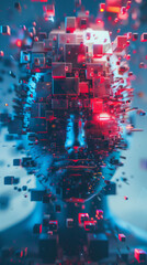Abstract digital art of an AI head with glowing red and blue cubes, symbolizing artificial intelligence technology in a futuristic background