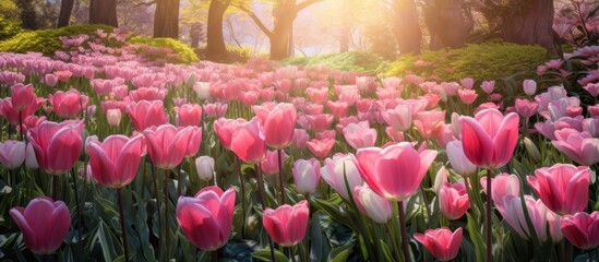 Pink tulip flowers bloom in a vast field under the warm sunlight, creating a stunning and vibrant display of nature's beauty