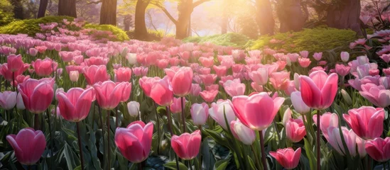 Tuinposter Pink tulip flowers bloom in a vast field under the warm sunlight, creating a stunning and vibrant display of nature's beauty © AkuAku