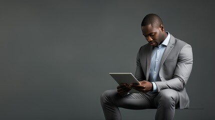 tablet business person gray background - obrazy, fototapety, plakaty