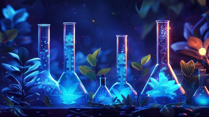 A vibrant scientific instruments such as test tubes with blue liquid and beakers containing plants - obrazy, fototapety, plakaty
