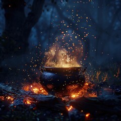 Moody, hyper-realistic cauldron on a rustic wood fire, magical sparks flying, in a dark, enchanted setting - obrazy, fototapety, plakaty