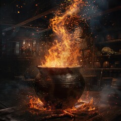 Moody, hyper-realistic cauldron on a rustic wood fire, magical sparks flying, in a dark, enchanted setting - obrazy, fototapety, plakaty