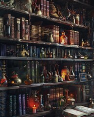 Moody shelves filled with ancient texts and random potions, in a hyper-realistic dark academia library