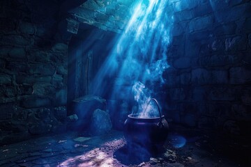 Witch's cauldron in a shadowy alcove, potion brewing, with ambient, mysterious lighting - obrazy, fototapety, plakaty