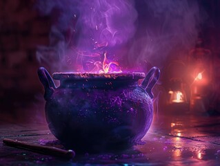 Hyper-realistic witch's cauldron simmering with a mysterious potion, under dim, atmospheric lighting - obrazy, fototapety, plakaty