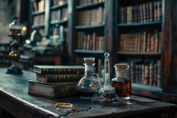 Moody, detailed view of an ancient library with books and potions, evoking a mysterious, academic charm - obrazy, fototapety, plakaty