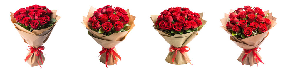 set of bouquet of red roses wrapped around with gift paper isolated on transparent background