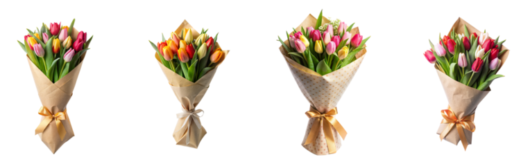 set of bouquet of tulip wrapped around with gift paper isolated on transparent background