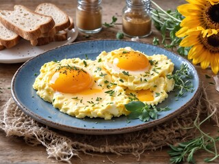 Mixed eggs, with a sprinkle of salt, cracked black pepper and fresh herbs on a wooden breakfast table set in summer.