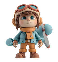 Cute little boy in pilot helmet. 3D cartoon isolated on transparent background.