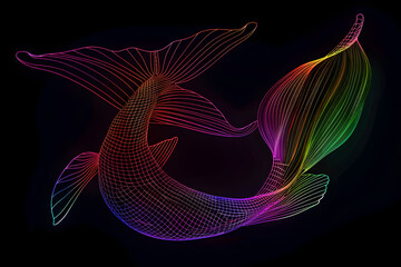 Rainbow neon wireframe mermaid tail isolated on black background.