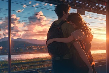 A young couple sharing a farewell hug at a rural subway station with a beautiful sunset sky, Japanese animation style digital art illustration painting. generative AI
