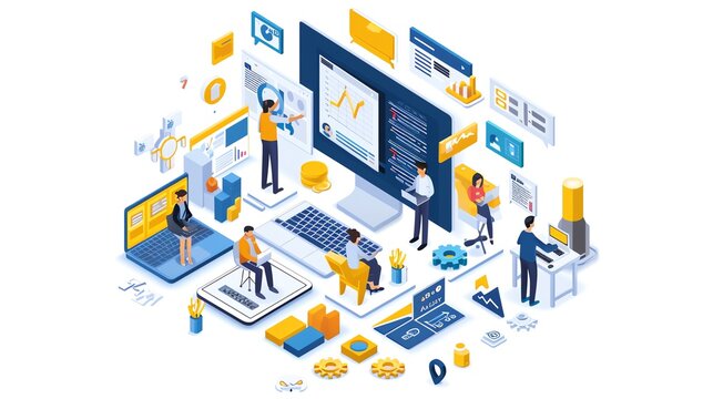 content creation teamwork isometric illustration