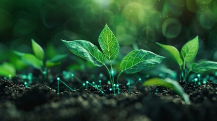 green leaf sprouts growing from the soil and futuristic