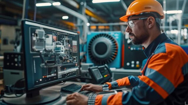 An engineer is using a computer to monitor live machine data in a smart factory automotive industrial industry 4th IoT digital manufacturing operation
