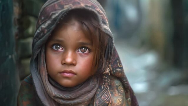 A pitiful and poor Indian child Waiting for help From poverty to a sad and hopeless expression	
