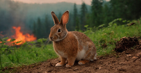 Naklejka na ściany i meble Hare Caught in a Forest Wildfire at Dusk, Surrounded by Flames