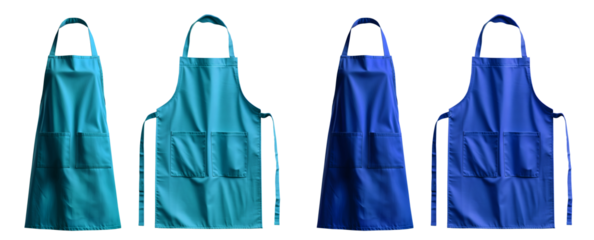 2 Set of dark light blue turquoise blank apron restaurant cafe kitchen cook chef uniform, front and flay lay on transparent cutout, PNG file. Mockup template for artwork graphic design