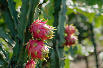 Dragon Fruit Growing on a Cactus Plant in a Sunny Orchard