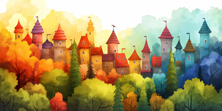 The illustrations are watercolor paintings. Colorful city pictures are used to decorate and add beauty. Medieval castle amidst lush greenery With the vast sky as the background	