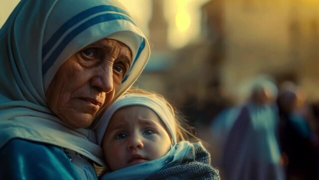 An elderly Indian woman and a poor Indian child were featured in Mother Teresa's Mercy and Charitable Mission to highlight the gap between hardship and pity.	
