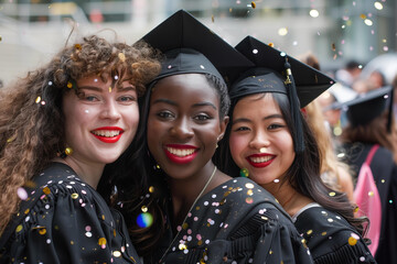 three diverse friends at a graduation ceremony portrait wearing traditional black graduation gowns and hats, a bit of confetti