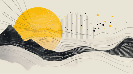 Abstract Geometric Landscape with Sun Over Stylized Mountains