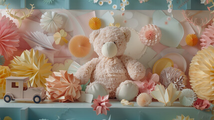 Teddy Bear with Pastel Paper Flowers and Decorations Display