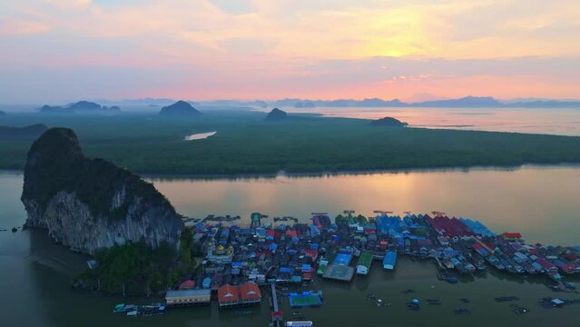 Aerial view of Panyee island in Phang Nga Thailand,High angle view Floating village, Koh Panyee fishing village island in Phang Nga, Thailand